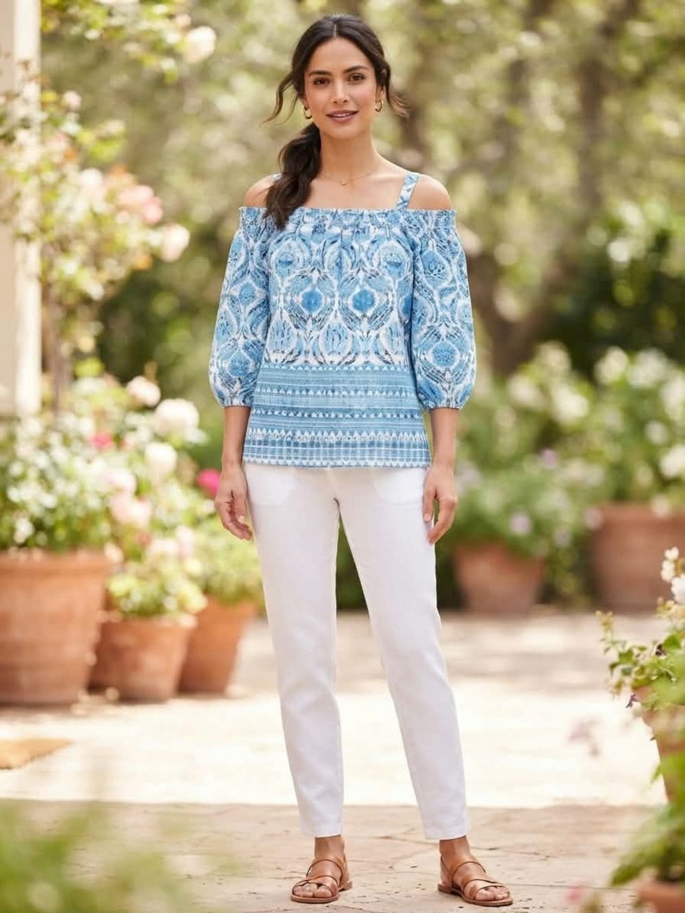 Rewind Blue & White Printed Cold-Shoulder Blouse Size M